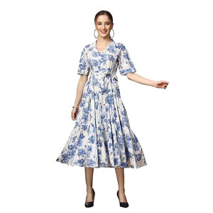 Stylum Women's Floral Printed Cotton Flared Dress blue