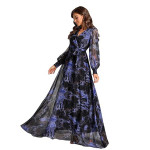 Women’s Printed Wrap Maxi Gown V‑Neck Long Sleeve Belted Flowy Dress for Parties, Weddings & Evening Events Lightweight Sheer Layer Western Outfit , b