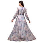 Women’s Printed Wrap Maxi Gown V‑Neck Long Sleeve Belted Flowy Dress for Parties, Weddings & Evening Events Lightweight Sheer Layer Western Outfit , m