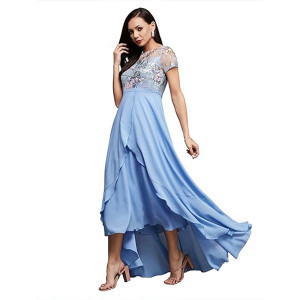 Miss Chase Women's Halter-Neck Cap-Sleeve Pleated Embellished Georgette Maxi Dress, ice blue