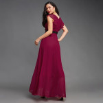 Miss Chase Women's Halter-Neck Cap-Sleeve Pleated Embellished Georgette Maxi Dress ,Nectarine Pink