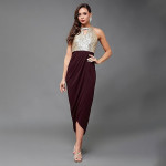 Miss Chase Women's Halter-Neck Cap-Sleeve Pleated Embellished Georgette Maxi Dress , syrah wine