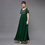 Miss Chase Women's Halter-Neck Cap-Sleeve Pleated Embellished Georgette Maxi Dress , Avocado Green