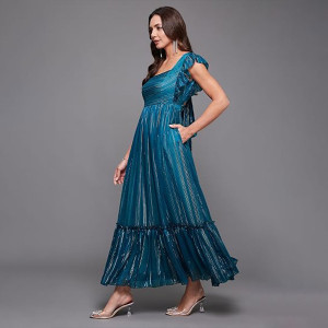 Miss Chase Women's Halter-Neck Cap-Sleeve Pleated Embellished Georgette Maxi Dress , gulf teal