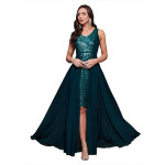 Miss Chase Women's Halter-Neck Cap-Sleeve Pleated Embellished Georgette Maxi Dress , Reef teal