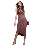 Miss Chase Women's Halter-Neck Cap-Sleeve Pleated Embellished Georgette Maxi Dress , Sloe Mauve