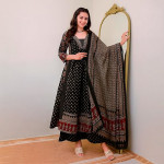 Women's Rayon Printed Anarkali Kurta and Pant with Dupatta Set ,black