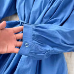 Women's Midi Cotton Dress, Long Sleeve, With Embroidery, Button Front with Belt , blue