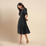 Trendmalls Dress for Women Satin Cotton Round Neck Half Puff Sleeve Flared Pleated Midi Western Dress , Black