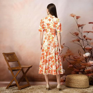 Stylum Women's Floral Printed Cotton Flared Dress orange