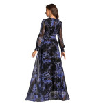 Women’s Printed Wrap Maxi Gown V‑Neck Long Sleeve Belted Flowy Dress for Parties, Weddings & Evening Events Lightweight Sheer Layer Western Outfit , b