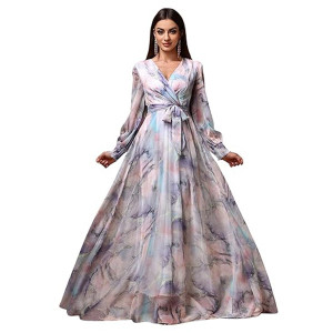Women’s Printed Wrap Maxi Gown V‑Neck Long Sleeve Belted Flowy Dress for Parties, Weddings & Evening Events Lightweight Sheer Layer Western Outfit , m