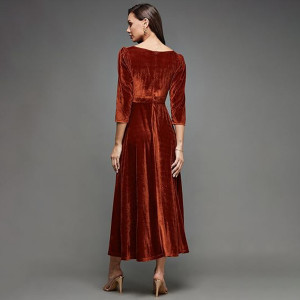 Miss Chase Women's Halter-Neck Cap-Sleeve Pleated Embellished Georgette Maxi Dress ,iron rust