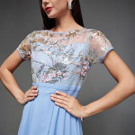 Miss Chase Women's Halter-Neck Cap-Sleeve Pleated Embellished Georgette Maxi Dress, ice blue