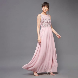 Miss Chase Women's Halter-Neck Cap-Sleeve Pleated Embellished Georgette Maxi Dress , snakefruit pink