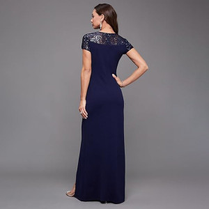 Miss Chase Women's Halter-Neck Cap-Sleeve Pleated Embellished Georgette Maxi Dress , Maqui blue