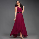 Miss Chase Women's Halter-Neck Cap-Sleeve Pleated Embellished Georgette Maxi Dress ,Nectarine Pink