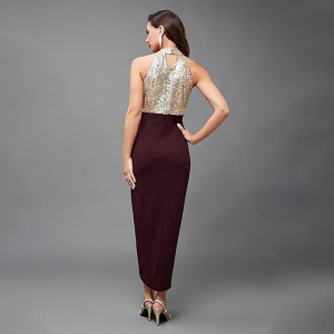 Miss Chase Women's Halter-Neck Cap-Sleeve Pleated Embellished Georgette Maxi Dress , syrah wine