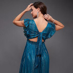 Miss Chase Women's Halter-Neck Cap-Sleeve Pleated Embellished Georgette Maxi Dress , gulf teal