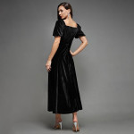 Miss Chase Women's Halter-Neck Cap-Sleeve Pleated Embellished Georgette Maxi Dress , Sapote Black