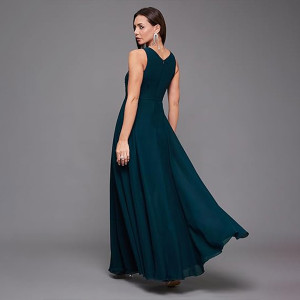 Miss Chase Women's Halter-Neck Cap-Sleeve Pleated Embellished Georgette Maxi Dress , Reef teal