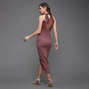 Miss Chase Women's Halter-Neck Cap-Sleeve Pleated Embellished Georgette Maxi Dress , Sloe Mauve
