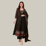 Women's Rayon Printed Anarkali Kurta and Pant with Dupatta Set ,black
