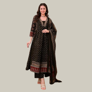 Women's Rayon Printed Anarkali Kurta and Pant with Dupatta Set ,black