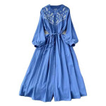 Women's Midi Cotton Dress, Long Sleeve, With Embroidery, Button Front with Belt , blue