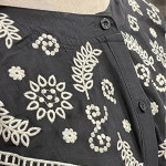 Women's Midi Cotton Dress, Long Sleeve, With Embroidery, Button Front with Belt