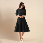 Trendmalls Dress for Women Satin Cotton Round Neck Half Puff Sleeve Flared Pleated Midi Western Dress , Black