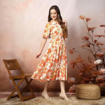 Stylum Women's Floral Printed Cotton Flared Dress orange