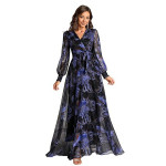 Women’s Printed Wrap Maxi Gown V‑Neck Long Sleeve Belted Flowy Dress for Parties, Weddings & Evening Events Lightweight Sheer Layer Western Outfit , b
