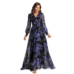 Women’s Printed Wrap Maxi Gown V‑Neck Long Sleeve Belted Flowy Dress for Parties, Weddings & Evening Events Lightweight Sheer Layer Western Outfit , b