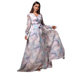 Women’s Printed Wrap Maxi Gown V‑Neck Long Sleeve Belted Flowy Dress for Parties, Weddings & Evening Events Lightweight Sheer Layer Western Outfit , m