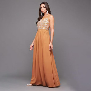 Miss Chase Women's Halter-Neck Cap-Sleeve Pleated Embellished Georgette Maxi Dress ,orange