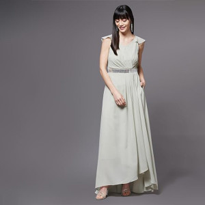 Miss Chase Women's Halter-Neck Cap-Sleeve Pleated Embellished Georgette Maxi Dress , feijoa green
