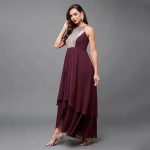 Miss Chase Women's Halter-Neck Cap-Sleeve Pleated Embellished Georgette Maxi Dress ,Base Mulled Wine