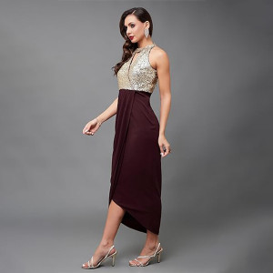 Miss Chase Women's Halter-Neck Cap-Sleeve Pleated Embellished Georgette Maxi Dress , syrah wine