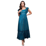 Miss Chase Women's Halter-Neck Cap-Sleeve Pleated Embellished Georgette Maxi Dress , gulf teal