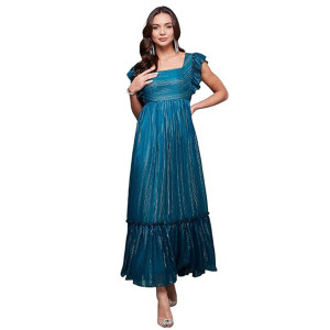 Miss Chase Women's Halter-Neck Cap-Sleeve Pleated Embellished Georgette Maxi Dress , gulf teal