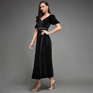 Miss Chase Women's Halter-Neck Cap-Sleeve Pleated Embellished Georgette Maxi Dress , Sapote Black