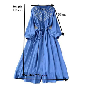 Women's Midi Cotton Dress, Long Sleeve, With Embroidery, Button Front with Belt , blue