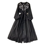 Women's Midi Cotton Dress, Long Sleeve, With Embroidery, Button Front with Belt