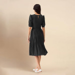 Trendmalls Dress for Women Satin Cotton Round Neck Half Puff Sleeve Flared Pleated Midi Western Dress , Black