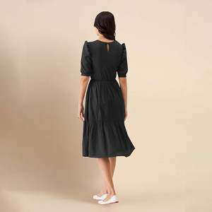 Trendmalls Dress for Women Satin Cotton Round Neck Half Puff Sleeve Flared Pleated Midi Western Dress , Black