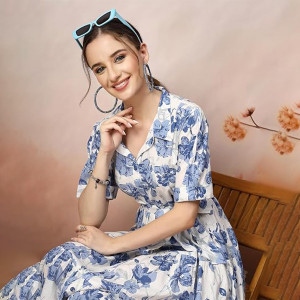 Stylum Women's Floral Printed Cotton Flared Dress blue