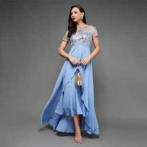 Miss Chase Women's Halter-Neck Cap-Sleeve Pleated Embellished Georgette Maxi Dress, ice blue