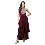Miss Chase Women's Halter-Neck Cap-Sleeve Pleated Embellished Georgette Maxi Dress ,Base Mulled Wine