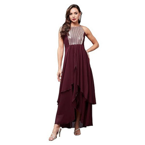 Miss Chase Women's Halter-Neck Cap-Sleeve Pleated Embellished Georgette Maxi Dress ,Base Mulled Wine